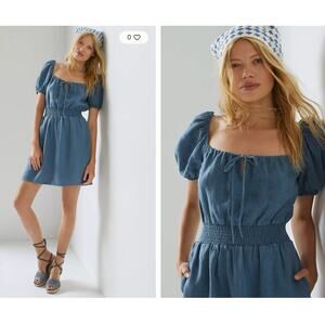 Cloth & Stone Linen Tie Front Dress M Blue Peasant Mini Pockets Anthro